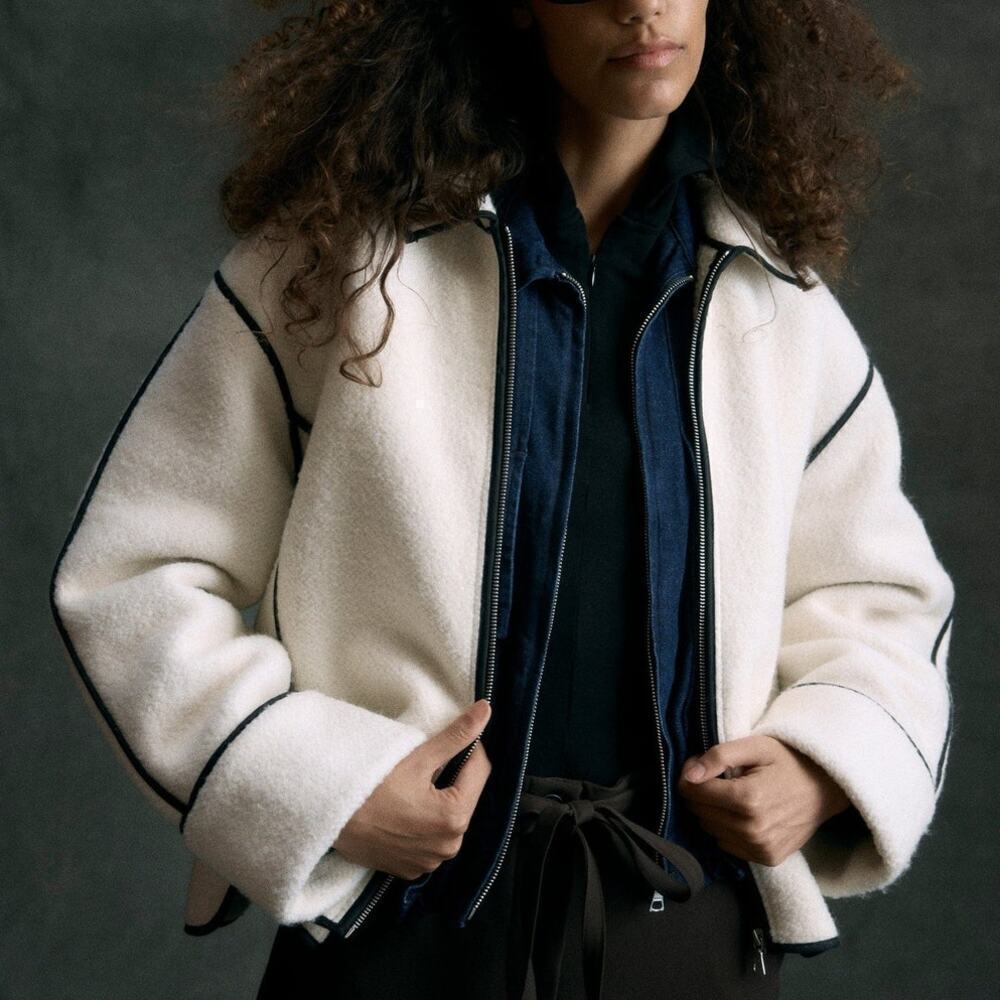 Modern Citizen Madison Coat Contrast Trim Full-Zip Teddy Jacket Cream XS